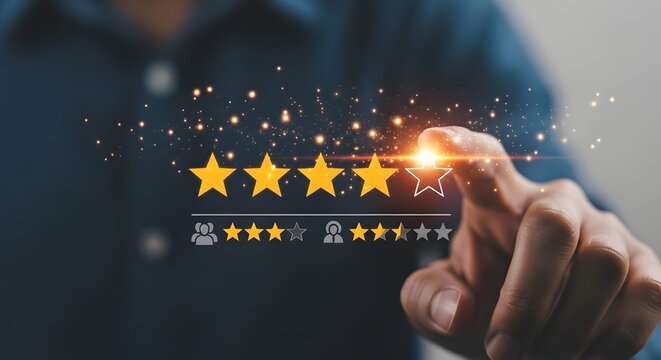 Customer review rating and five-star feedback concept with hand pointing at glowing online reputation stars