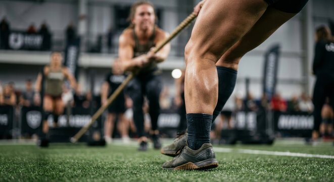 Muscular legs of athlete performing heavy rope sled pull on turf