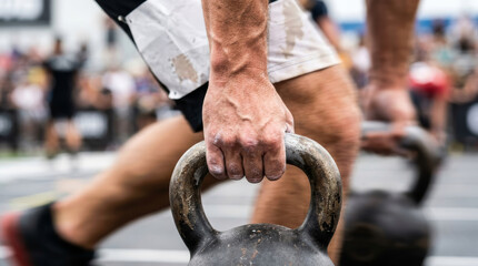 Naklejka premium Close up of athlete hands carrying heavy kettlebells at indoor competition