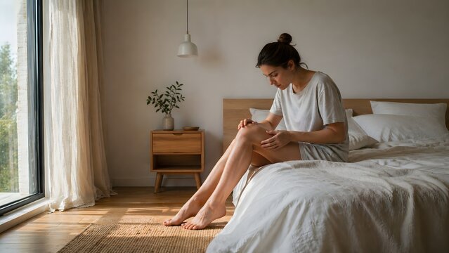Young woman inspecting her legs for varicose veins in a minimal bedroom setting, healthcare awareness concept