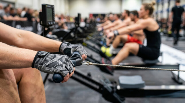 Close up of gloved hands on rowing machine handle at indoor fitness event