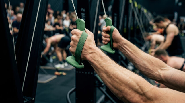Close up of athlete hands on ski ergometer at indoor fitness competition