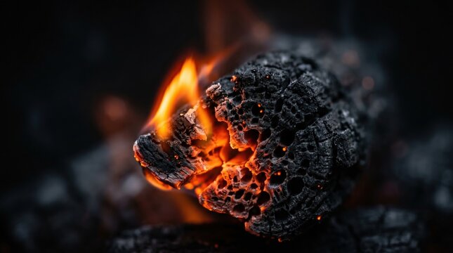 Close up of a burning piece of coal with orange flames and glowing embers, dark background, symbolizing heat and energy