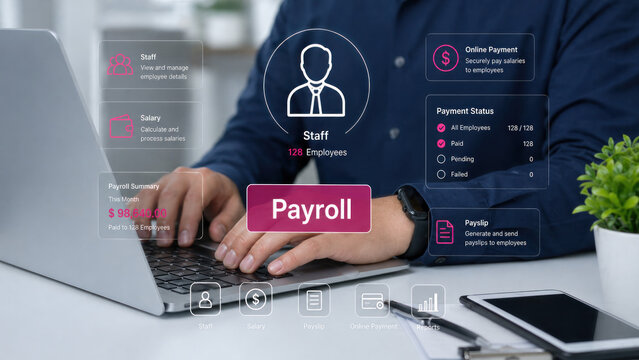 A person performing payroll tasks on a modern laptop with online payment options visible
