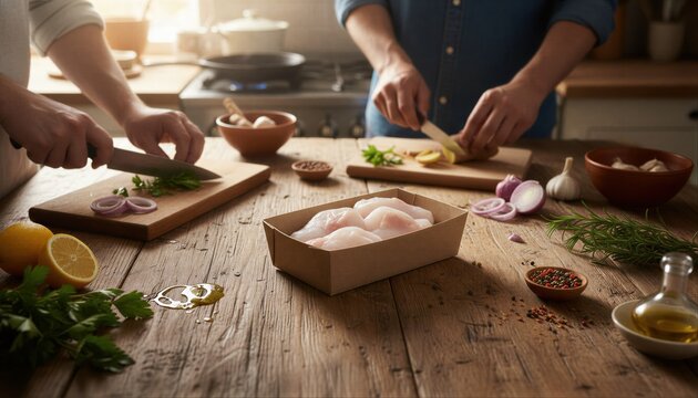 Friends preparing fresh monkfish cheeks at home
