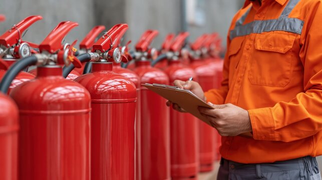Inspector in orange uniform checking row of red fire extinguishers on clipboard