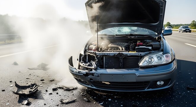 Damaged Car on Highway with Smoke Coming from Engine