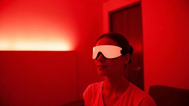 A person is seen using virtual reality goggles in a room lit by red lights.