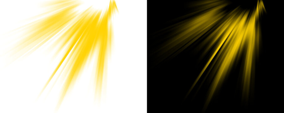 Vibrant yellow light rays shining from corner on black and transparent background