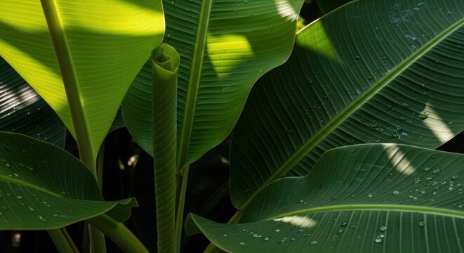 Large green tropical leaves.