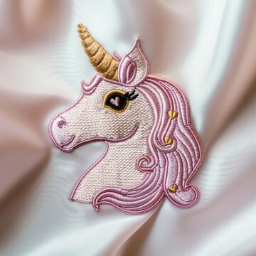 Pastel unicorn patch stitched with golden horn and pink mane. Eyes sparkle with charm and whimsy, stitched in fine detail. Soft satin background glows gently, enhancing the embroidery