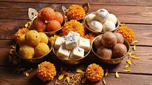 Assortment of Indian sweets and marigold flowers arranged in bowls on a wooden surface, festive food presentation for diwali or holi