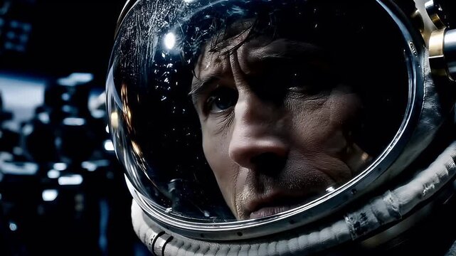 Space universe exploration, fantasy, mysterious. A closeup of a mans face, captured in a side profile. He wears a transparent, reflective helmet with a metallic visor.