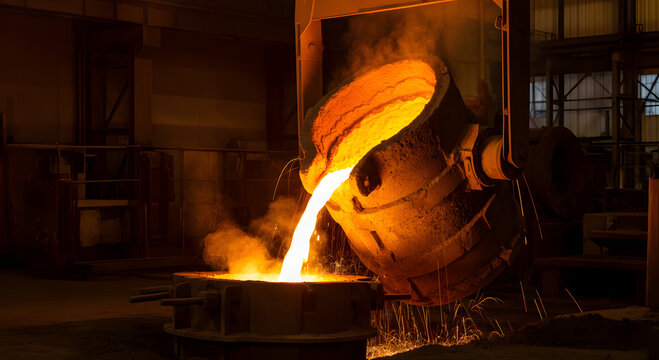 Ultra realistic photography glowing molten iron pouring crucible dark sand mold intense.