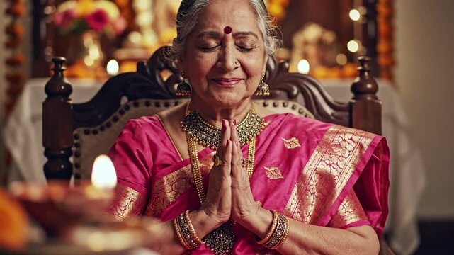 Elderly Indian woman in traditional pink sari with gold trim, praying with hands clasped in namaste, eyes closed, illuminated by diya lamp, spiritual devotion and cultural heritage, perfect for