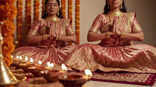 Two women in traditional Indian attire with hands in prayer pose, seated before a row of glowing diyas, celebrating Diwali, serene spiritual atmosphere