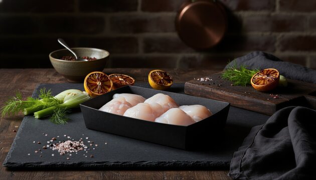 Gourmet monkfish cheeks in moody restaurant lighting