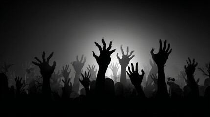 Fototapeta premium A Halloween-themed shadow overlay background featuring frightening skeletal hands with long nails, eerie monster claws, and zombie-like hands emerging from a graveyard. 