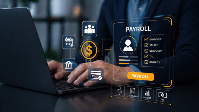 A business professional using a laptop for payroll processing online.