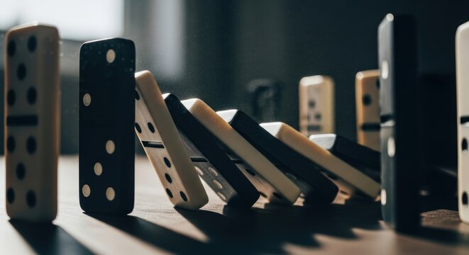 Dominoes falling in sequence.