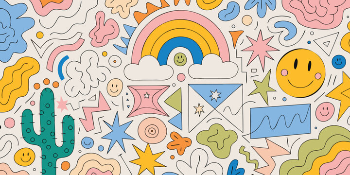 Colorful abstract pattern with rainbow cactus stars and smiley faces vector illustration