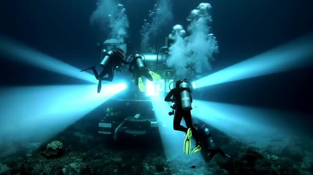 Deep sea technical submersible illuminated by intense cyan volumetric spotlights with surrounding scuba divers