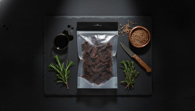 Gourmet venison biltong bites on dark slate background