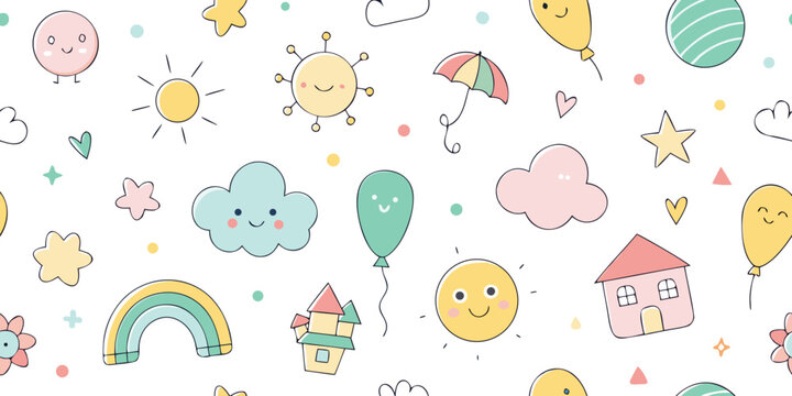 Cute cartoon pattern with suns clouds rainbows balloons and houses on white background