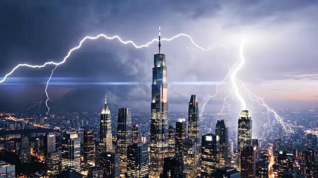 Multiple forked lightning discharges striking central skyscraper in a dense metropolis under indigo cumulonimbus clouds