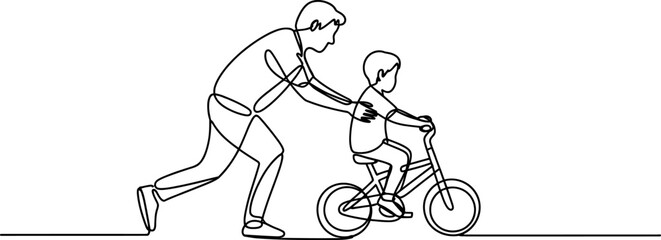 Fototapeta premium Father teaching his little son to ride a bike continuous line drawing
