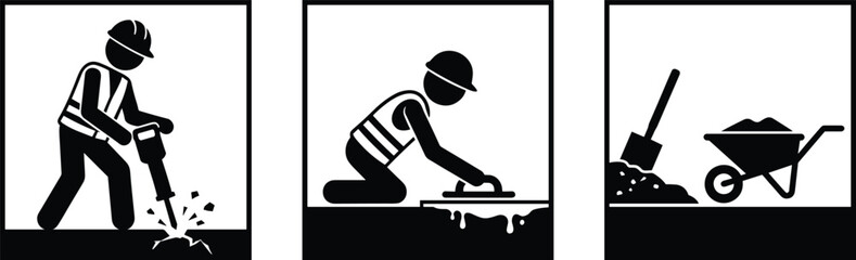 Construction worker icons showing jackhammer operation, concrete leveling, and material handling with shovel and wheelbarrow © Atikur