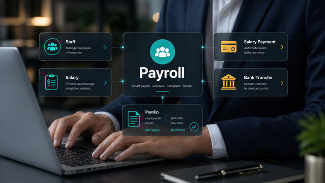A businessman is using payroll software on a laptop for managing employee salaries
