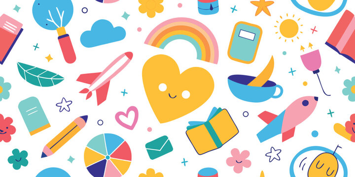 Colorful pattern of playful illustrations with hearts rockets rainbows and school supplies