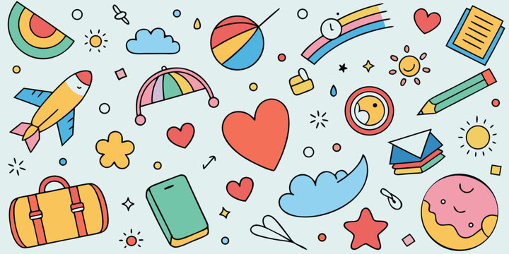 Colorful doodle pattern with travel and school themed illustrations on a light blue background