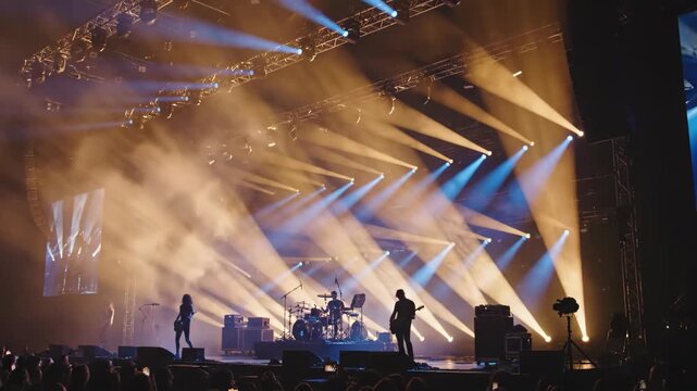 Wide-angle silhouette of rock band under amber and blue volumetric stage lighting with dense smoke