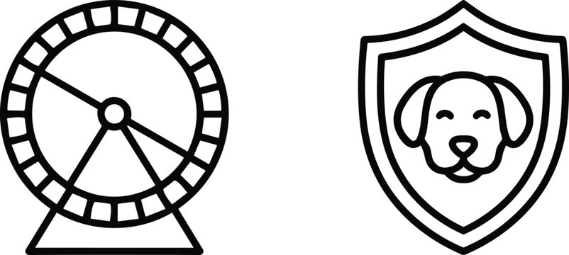 Ferris wheel amusement icon with circular frame and triangular base, dog face inside shield symbol representing pets, leisure, and protection