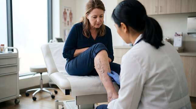Female patient showing varicose veins to doctor during vascular consultation in modern clinic