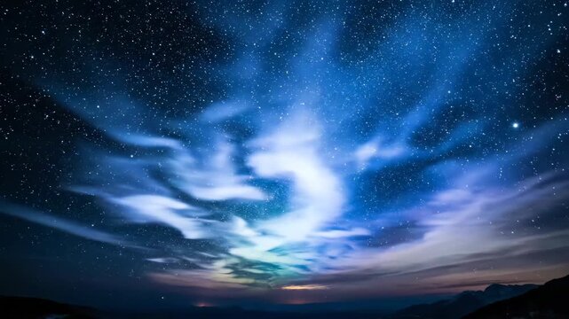 Starry night sky featuring cyan aurora glow and swirling cerulean nebulae over dark silhouetted mountains