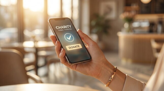 Digital Donation Moment: Close-up of a person's hand holding a smartphone, the screen showcasing a charity donation interface with a donate button and a checkmark.
