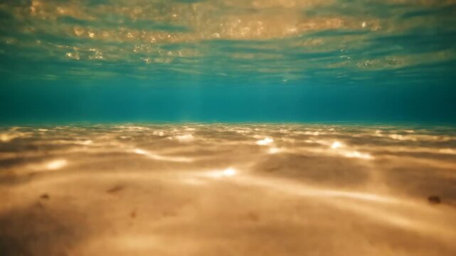 Amber light caustics on sandy seabed with volumetric sunbeams in clear turquoise water low-angle shot