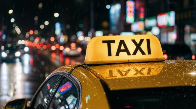 A yellow taxi with a illuminated sign parked on a busy city street at night. Rain reflects city lights on the wet pavement.