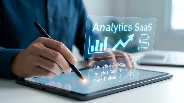 Person using digital notebook with analytics saas on screen writing with stylus on tablet