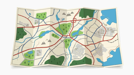 Fototapeta premium An intricate map unfolds before the viewer. Explore a world of detail. Roads, rivers, and landmarks await. Discover hidden routes, plan adventures, and dream of far-off destinations.