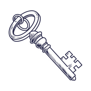 Black and white style key with ornate bow and jagged teeth