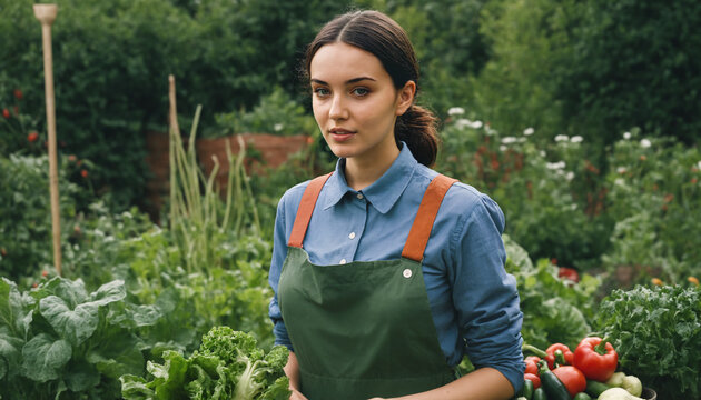 brunette woman standing in the vegetable garden 