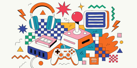 Colorful retro gaming setup illustration with headphones joystick and handheld console © Sadhin07