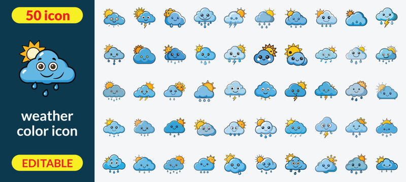 Fifty weather color in flat style with sun cloud rain and snow symbols