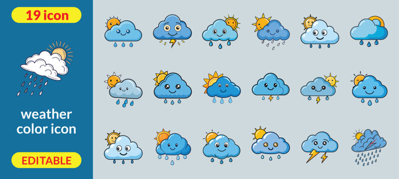 Flat style weather color sun cloud rain snow fog thunderstorm