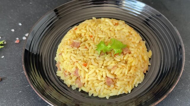 Rice with ham main course lunch or dinner tasty snack fresh delicious gourmet food background on the table rustic food top view, copy space