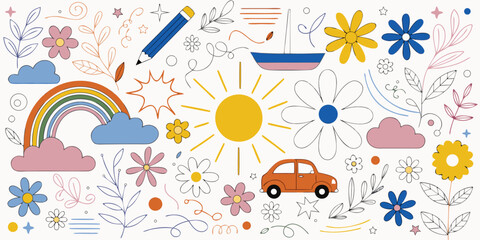 Naklejka premium Child s drawing pattern with rainbow sun flowers and vehicle illustration